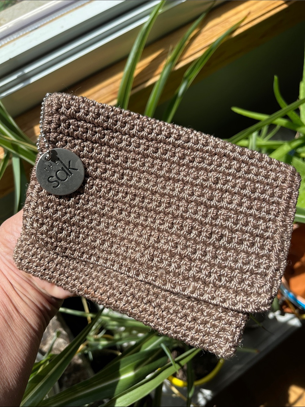 The SAK Taupe Crochet Zippered Cosmetic/Catch All Pouch/Bag Zip Closure
